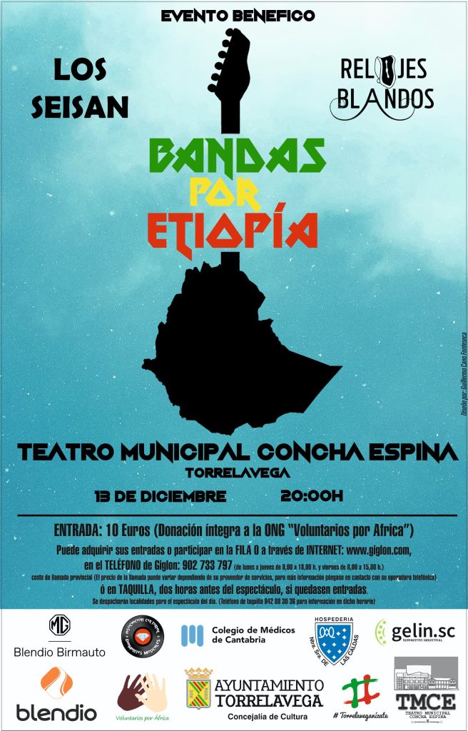 Cartel del concierto benéfico Bandas por Etiopía, con Los Seisán y Relojes Blandos, en Torrelavega el 13 de diciembre de 2025.