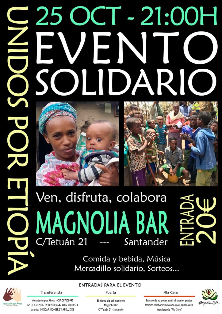 Cartel del evento solidario Unidos por Etiopía en Magnolia Bar, Santander, en 2022.